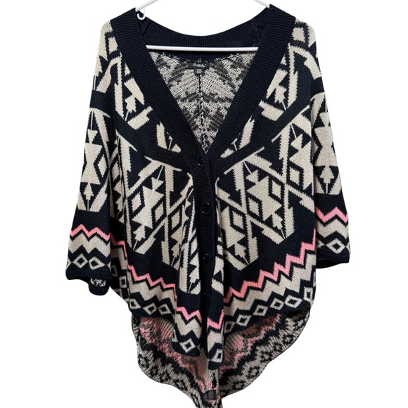 Rhapsody Sweaters - Rhapsody Colorful Blue and Beige Geometric Cardigan Sweater Poncho Size Medium